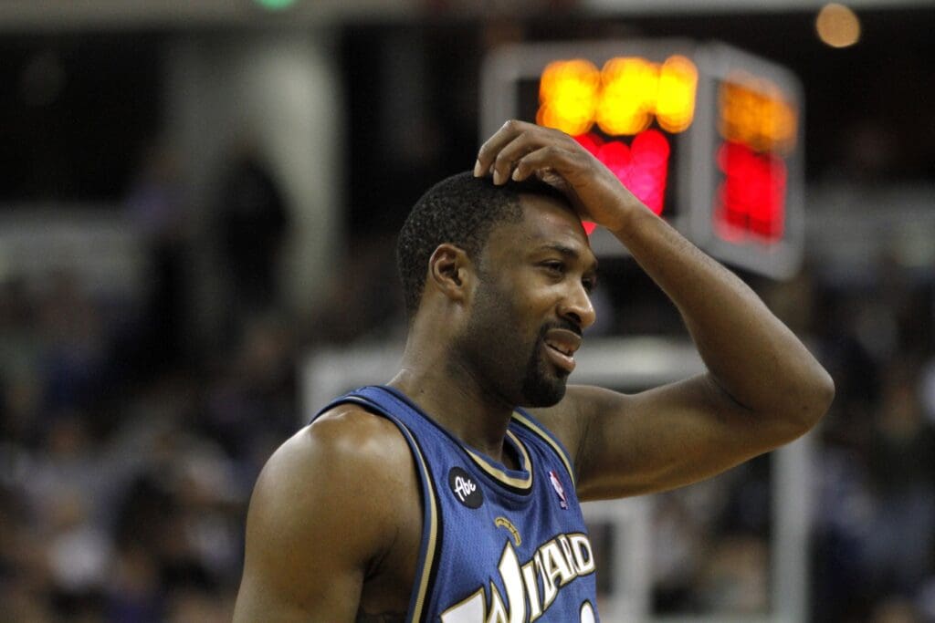 December 16, 2009; Sacramento, CA, USA; Washington Wizards guard Gilbert Arenas (0) scratches his head after being called for traveling against the Sacramento Kings in the second half at Arco Arena. The Kings defeated the Wizards 112-109.