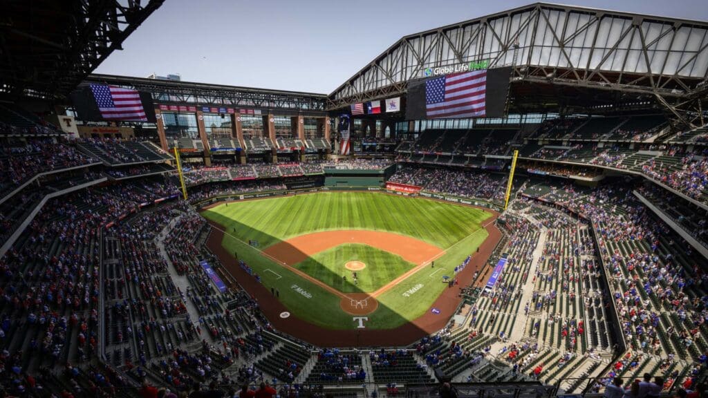 May 31, 2025; Arlington, Texas, USA; A view of the open roof and the field and the American flag before the game between the Texas Rangers and the St. Louis Cardinals at Globe Life Field.