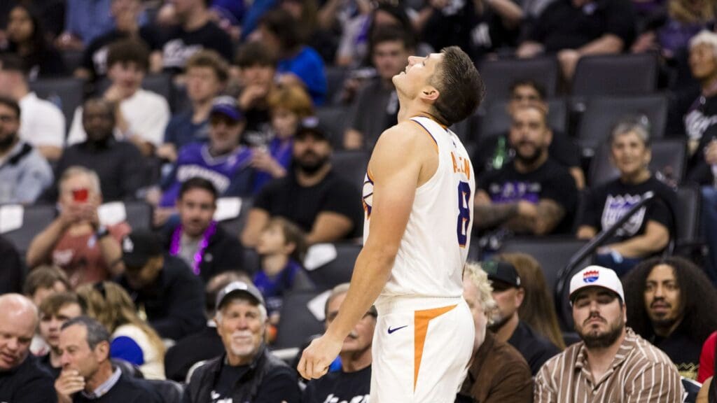 Apr 13, 2025; Sacramento, California, USA; Phoenix Suns guard Grayson Allen (8) reacts during the fourth quarter against the Sacramento Kings at Golden 1 Center.