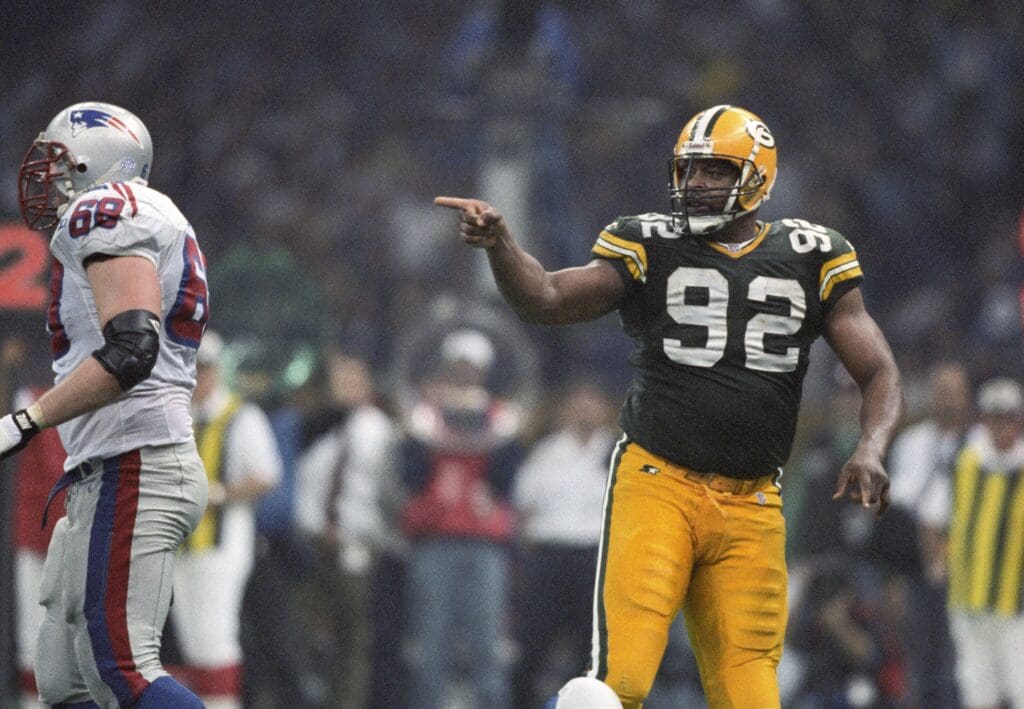 Jan 26, 1997; New Orleans, LA, USA; FILE PHOTO; Green Bay Packers defensive end Reggie White (92) reacts against the New England Patriots during Super Bowl XXXI at the Superdome. The Packers defeated the Patriots 35-21.
