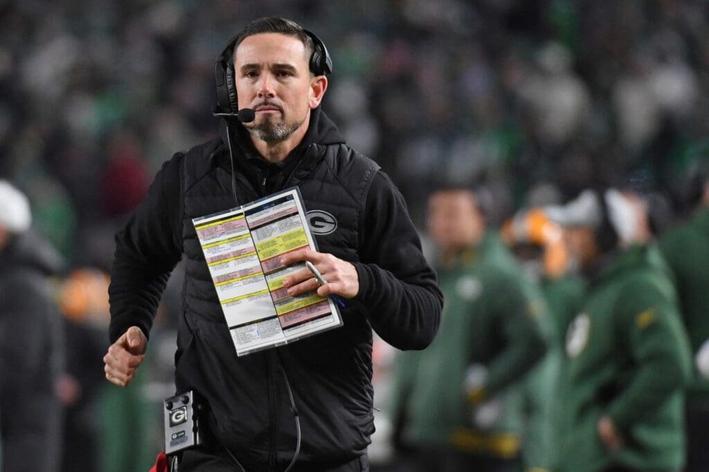 Jan 12, 2025; Philadelphia, Pennsylvania, USA; Green Bay Packers head coach Matt LaFleur against the Philadelphia Eagles in an NFC wild card game at Lincoln Financial Field