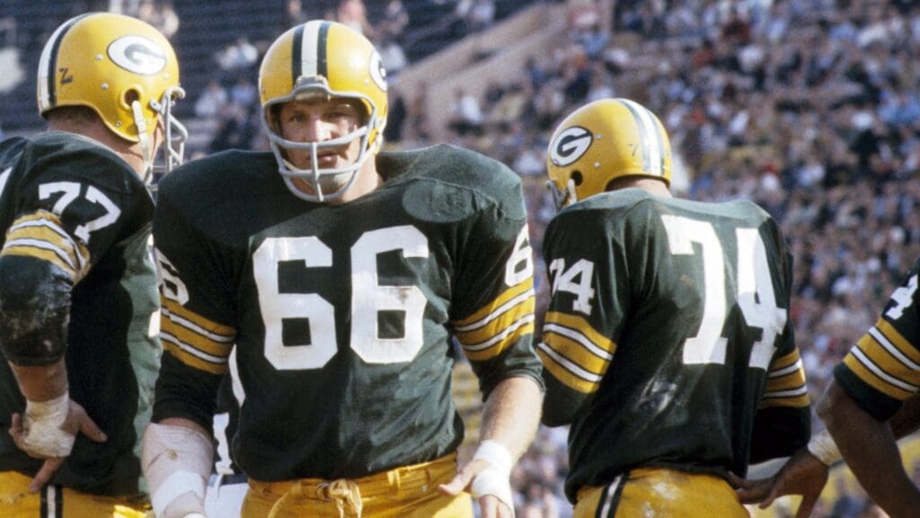 Nov 28, 1965; Los Angeles, CA, USA; FILE PHOTO; Green Bay Packers linebacker Ray Nitschke (66) against the Los Angeles Rams at the Memorial Coliseum