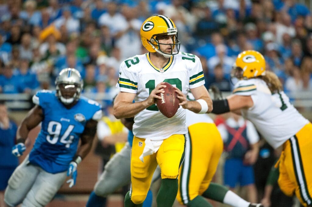 Sep 21, 2014; Detroit, MI, USA; Green Bay Packers quarterback Aaron Rodgers (12) during the game against the Detroit Lions at Ford Field.