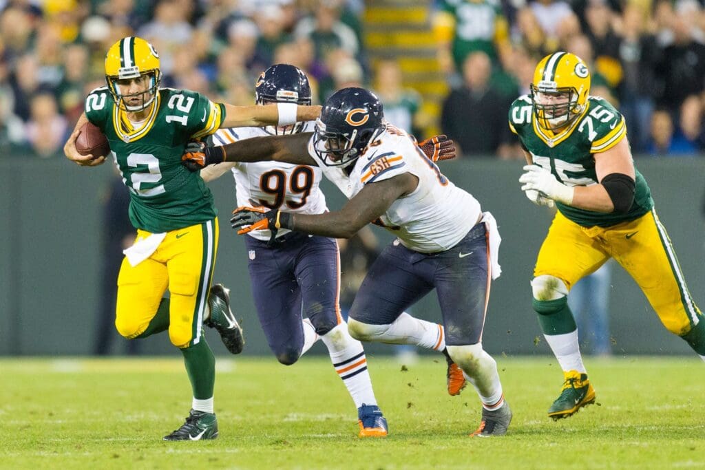 Sep 13, 2012; Green Bay, WI, USA; Green Bay Packers quarterback Aaron Rodgers (12) during the game against the Chicago Bears at Lambeau Field. The Packers defeated the Bears 23-10.