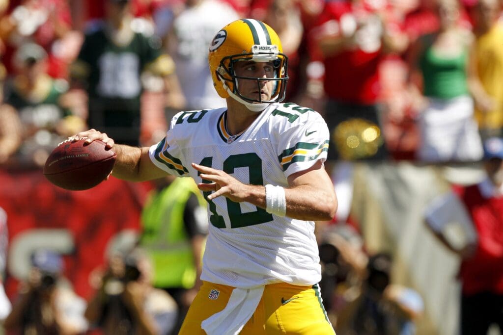 Sep 8, 2013; San Francisco, CA, USA; Green Bay Packers quarterback Aaron Rodgers (12) prepares to throw a pass against the San Francisco 49ers in the first quarter at Candlestick Park.