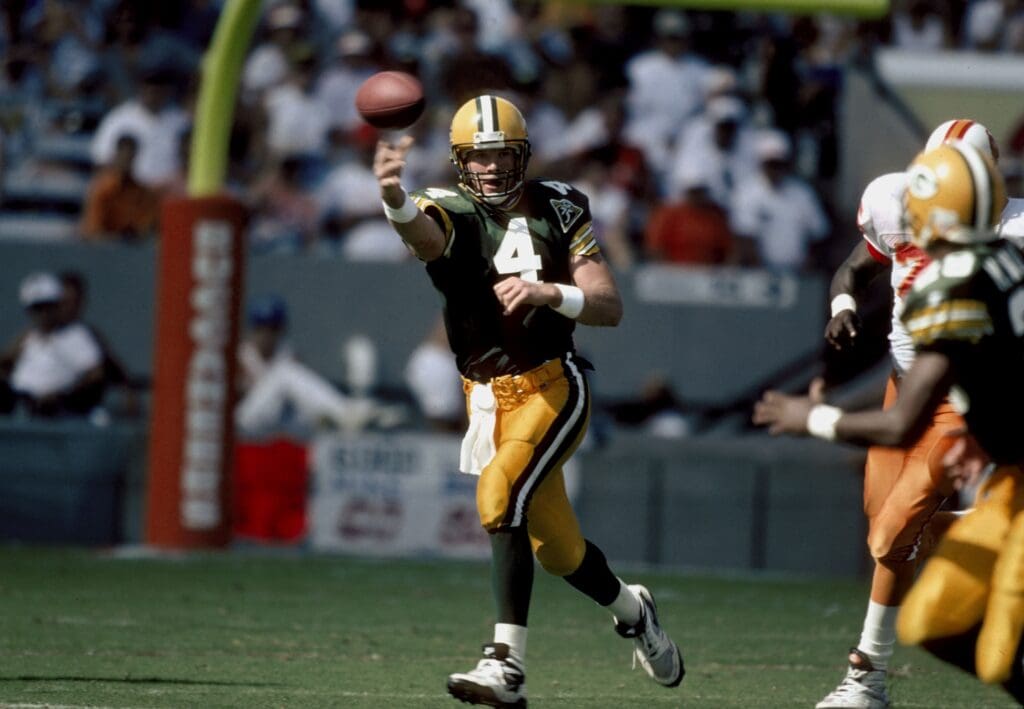 Oct 24, 1993; Tampa, FL, USA; FILE PHOTO; Green Bay Packers quarterback Brett Favre in action against the Tampa Bay Buccaneers at Tampa Stadium.
