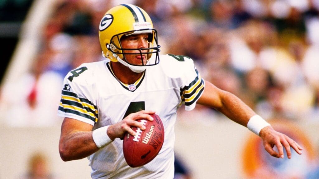 Oct 6, 1996; Chicago, IL, USA; FILE PHOTO; Green Bay Packers quarterback Brett Favre (4) in action against the Chicago Bears at Soldier Field.