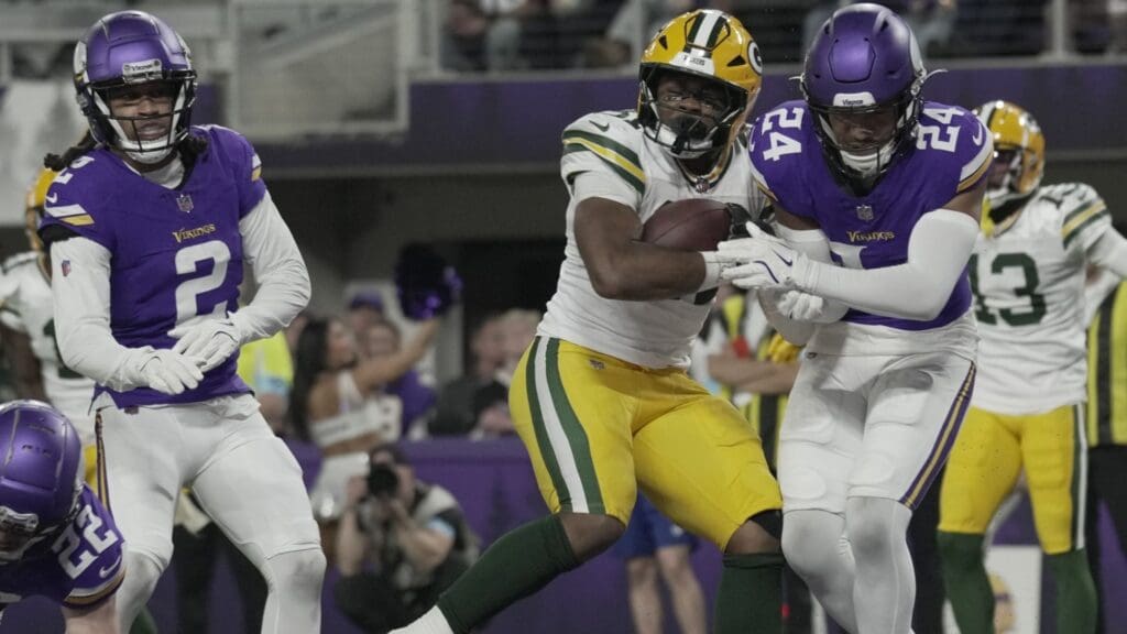 Dec 29, 2024; Minneapolis, Minnesota, USA; Green Bay Packers running back Emanuel Wilson (31) scores a touchdown against the Minnesota Vikings during the fourth quarter at U.S. Bank Stadium.