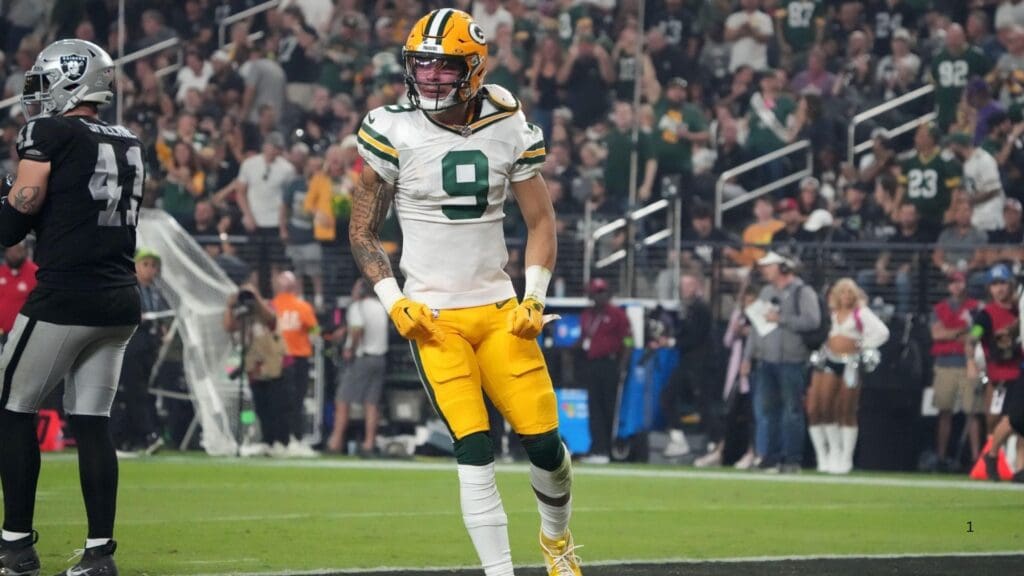 Oct 9, 2023; Paradise, Nevada, USA; Green Bay Packers wide receiver Christian Watson (9) reacts after a 77-yard reception in the second half against the Las Vegas Raiders at Allegiant Stadium.