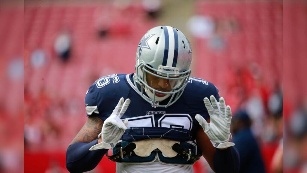 Nov 15, 2015; Tampa, FL, USA; Dallas Cowboys defensive end Greg Hardy (76) works out prior to the game against the Tampa Bay Buccaneers at Raymond James Stadium.