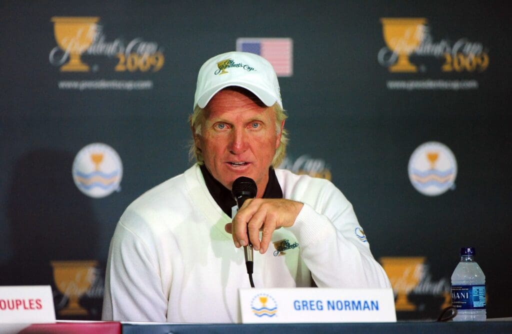 October 10, 2009; San Francisco, CA, USA; International Team captain Greg Norman (AUS) addresses the media during a press conference after day three of the President's Cup golf tournament at Harding Park Golf Course.