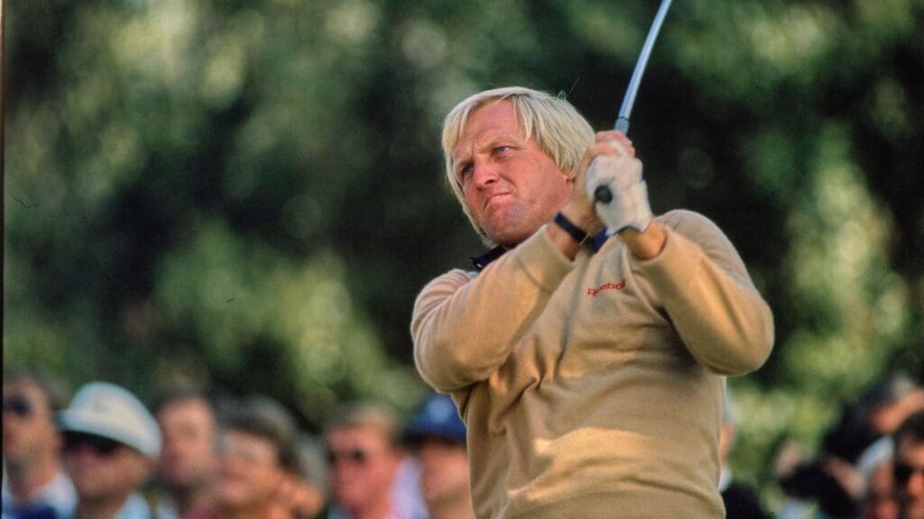 04/08/1987; Augusta, Georgia USA; Greg Norman tees off during the Par 3 Contest at the Augusta National Golf Course.