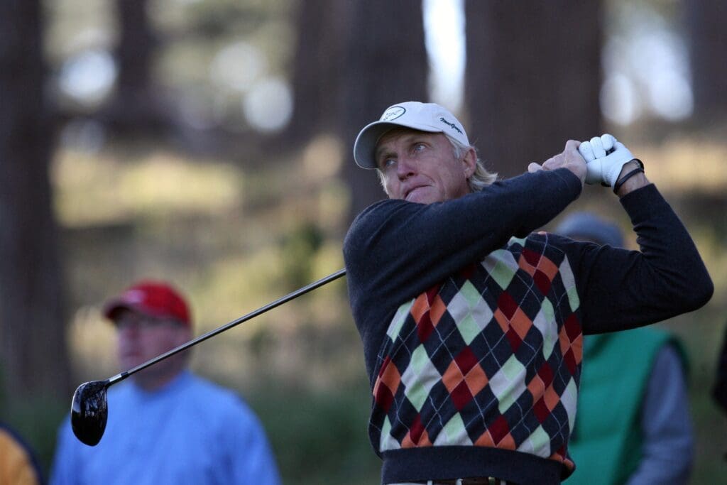 Feb. 8, 2008; Pebble Beach, CA, USA; Greg Norman follows his ball after hitting off the 11th tee during the second round of the AT&T Pebble Beach National Pro-Am golf tournament at the Spyglass Hill in Pebble Beach, CA.