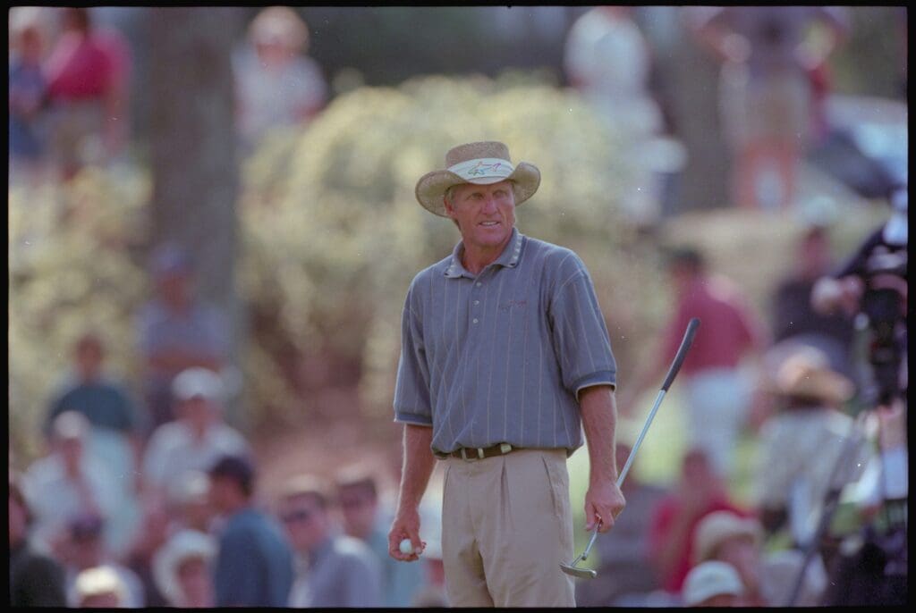04/07/1999; Augusta, Georgia USA; Greg Norman with ball and putter at the Augusta National Golf Course during the 1999 Masters