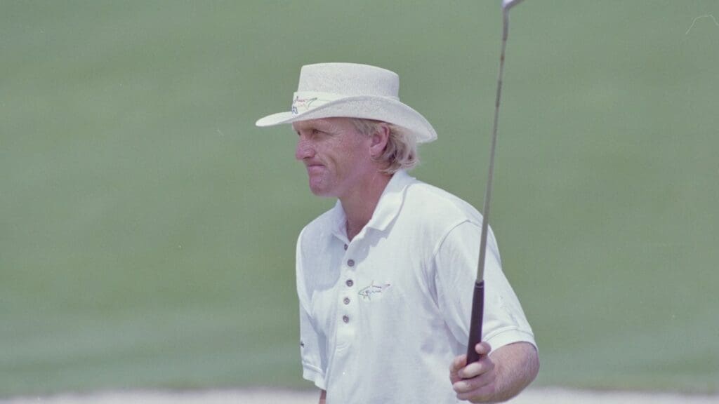 04/12/1992; Augusta, Georgia, USA; Greg Norman after putt at the Augusta National Golf Course during the 1992 Masters.