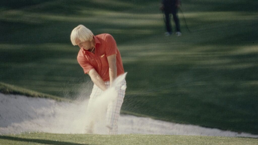 4/9/1981; Augusta, Georgia, USA; Greg Norman chipping out of bunker at the Augusta National GC.