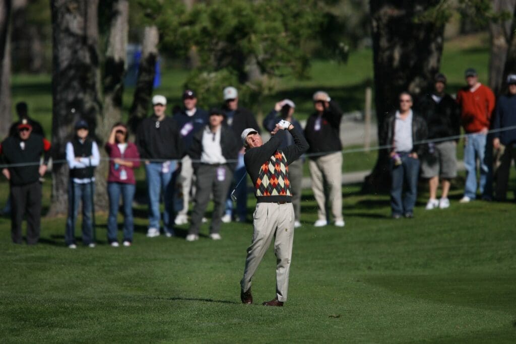 Feb. 8, 2008; Pebble Beach, CA, USA; Greg Norman hits his ball on the 17th hole during the second round of the AT&T Pebble Beach National Pro-Am golf tournament at the Spyglass Hill in Pebble Beach, CA.