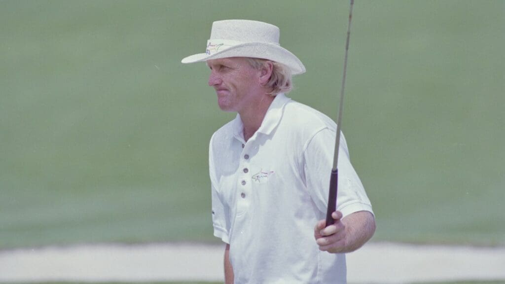 04/12/1992; Augusta, Georgia, USA; Greg Norman after putt at the Augusta National Golf Course during the 1992 Masters.