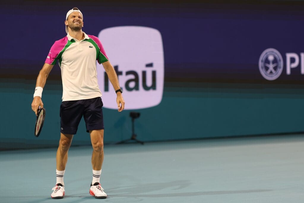 Mar 26, 2025; Miami, FL, USA; Grigor Dimitrov (BUL) reacts after match point against Francisco Cerundolo (ARG)(not pictured) on day nine of the Miami Open at Hard Rock Stadium.