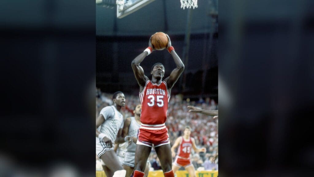 Apr 2, 1984; Seattle, WA, USA; FILE PHOTO; Houston Cougars center #35 Hakeem Olajuwon in action against the Georgetown Hoyas during the 1984 NCAA Final Four Championship at the Kingdome.
