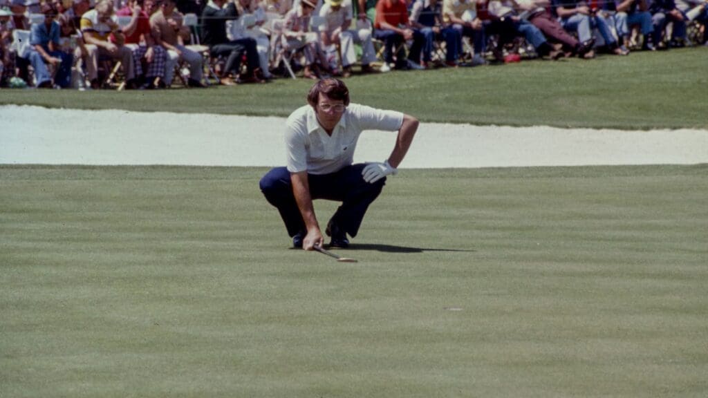 04/10/1976; Augusta, Georgia, USA; Hale Irwin lines up putt at the Augusta National Golf Course during the 1976 Masters.