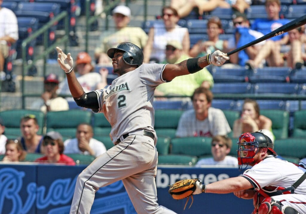 June 4, 2008; Atlanta, GA, USA; Florida Marlins short stop Hanley Ramirez hits a go ahead two run home run against the Atlanta Braves in the ninth inning at Turner Field. The Marlins defeated the Braves 6-4.