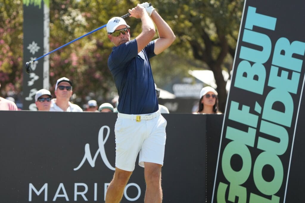 Sep 20, 2024; Carrolton, Texas, USA; Henrik Stenson plays his shot from the tenth tee during the LIV Golf Dallas Team Championship at Maridoe Golf Club.