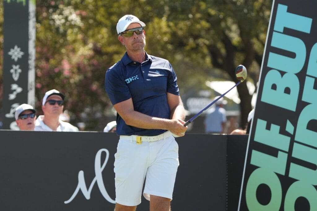Sep 20, 2024; Carrolton, Texas, USA; Henrik Stenson watches his shot from the tenth tee during the LIV Golf Dallas Team Championship at Maridoe Golf Club.