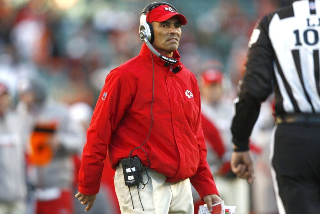 Dec 28, 2008; Cincinnati, OH, USA; Kansas City Chiefs head coach Herm Edwards challenges a call in the fourth quarter against the Cincinnati Bengals at Paul Brown Stadium in Cincinnati, OH. The Bengals defeated the Chiefs 16-6.