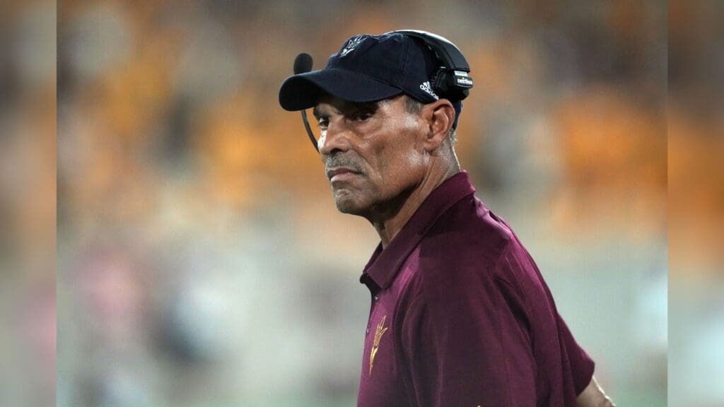 Sep 1, 2022; Tempe, Arizona, USA; Arizona State Sun Devils head coach Herm Edwards looks on against the Northern Arizona Lumberjacks during the first half at Sun Devil Stadium.