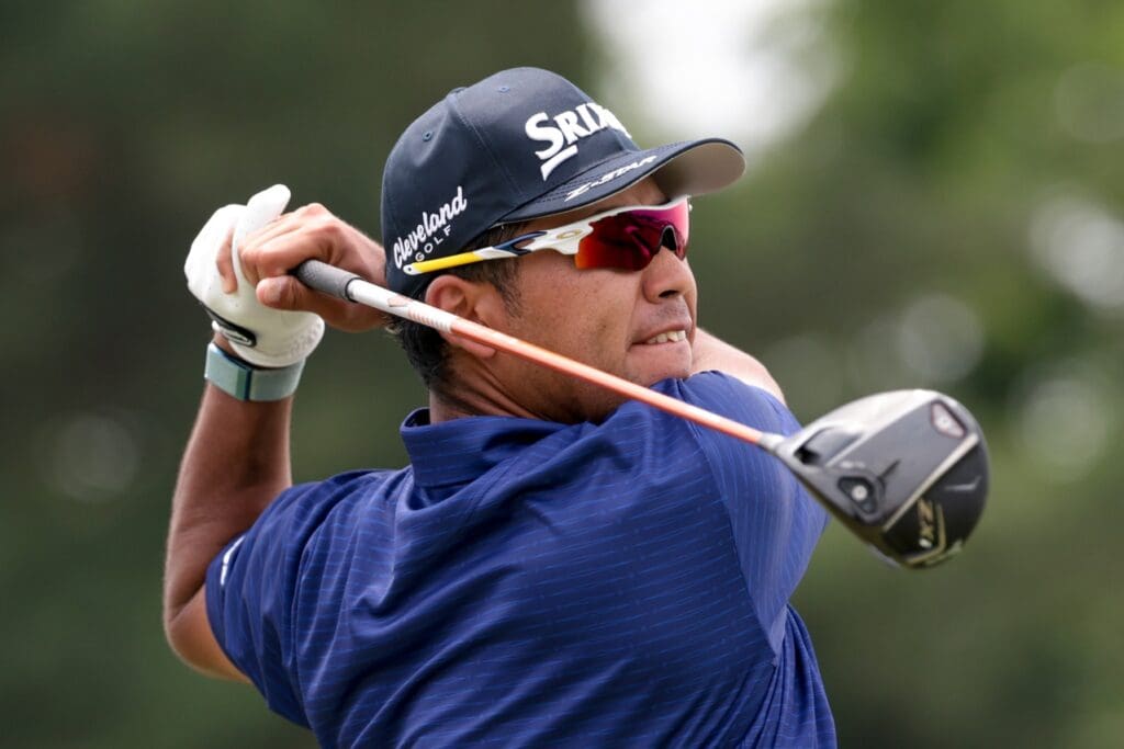 Jun 13, 2025; Oakmont, Pennsylvania, USA; Hideki Matsuyama plays his shot from the third tee during the second round of the U.S. Open golf tournament.