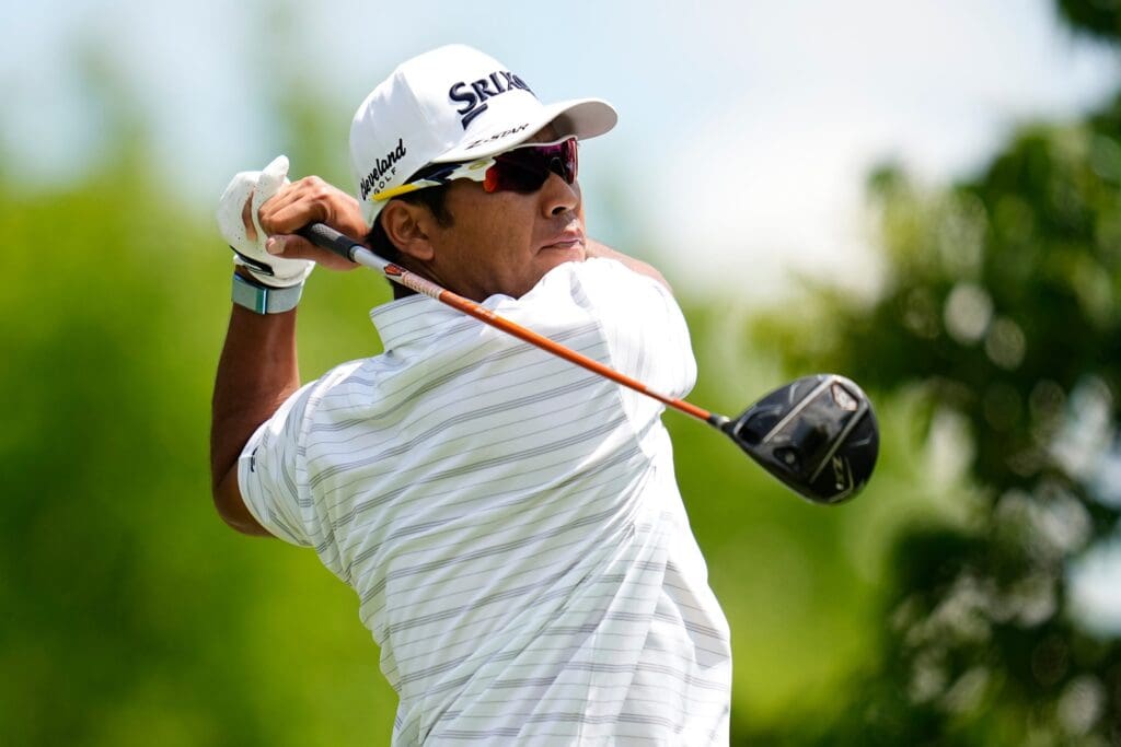 Hideki Matsuyama tees off on 15 during the first round of the Memorial Tournament at Muirfield Village Golf Club in Dublin on May 29, 2025.