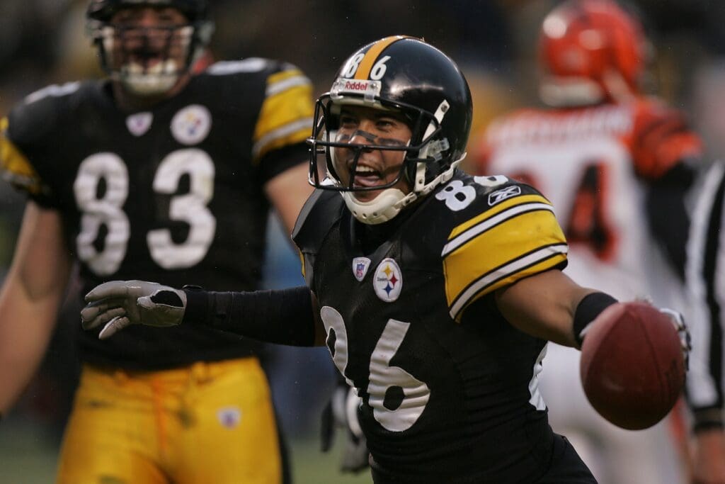 Dec 4, 2005; Pittsburgh, PA, USA; Pittsburgh Steelers wide receiver #86 Hines Ward celebrates his 3rd quarter touchdown against the Cincinnati Bengals at Heinz Field.