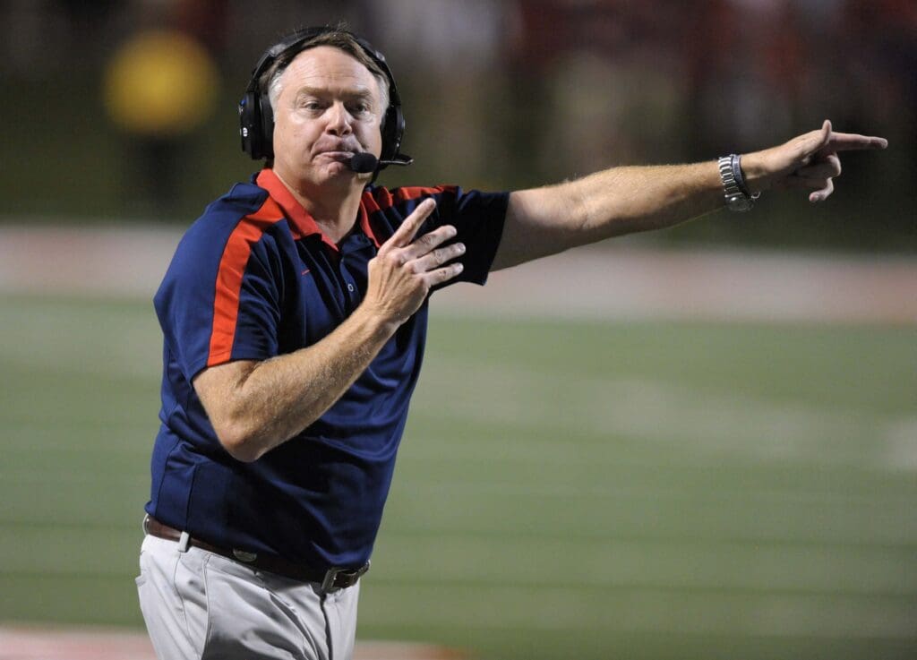 Oct 1, 2011; Fresno, CA, USA; Mississippi Rebels coach Houston Nutt reacts during the game against the Fresno State Bulldogs at Bulldog Stadium. Mississippi defeated Fresno State 38-28.