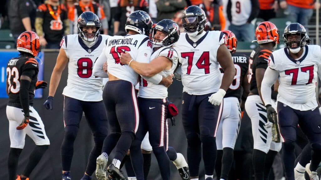 The Houston Texans celebrate after backup kicker Matt Ammendola (16) kicks a game winning field goal as time expires in the fourth quarter of the NFL Week 10 game between the Cincinnati Bengals and the Houston Texans at Paycor Stadium in downtown Cincinnati on Sunday, Nov. 12, 2023.