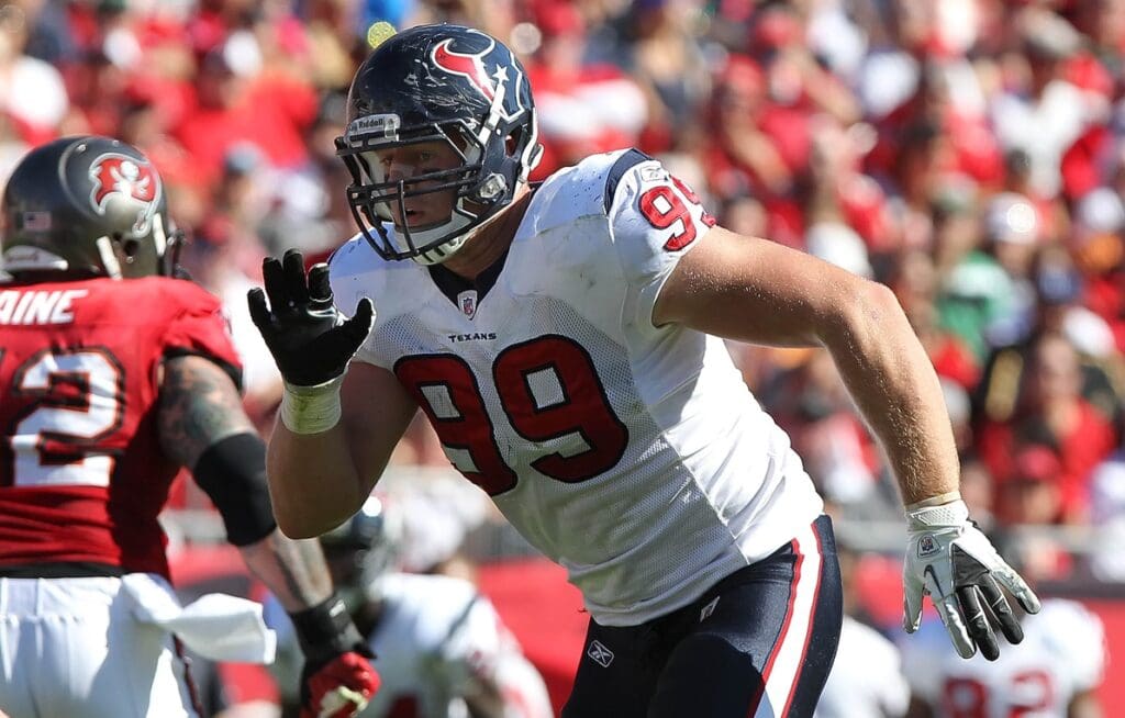 November 13, 2011; Tampa, FL, USA; Houston Texans defensive end J.J. Watt (99) rushes during the first half against the Tampa Bay Buccaneers at Raymond James Stadium.