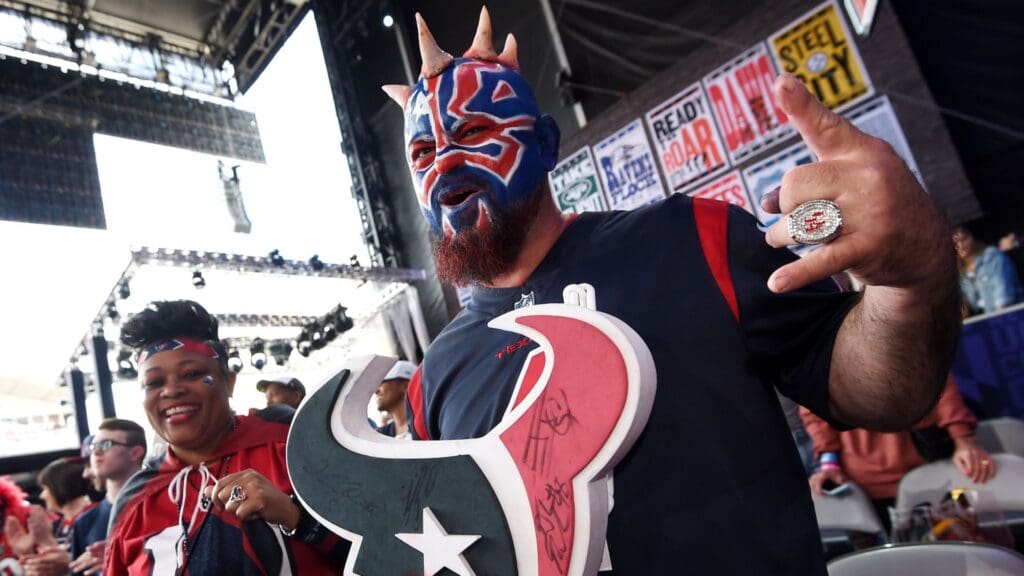 Houston Texans fan David Gonzalez waits for his team's picks during the final day of the NFL Draft Saturday, April 27, 2019, in Nashville, Tenn. Gw42808
