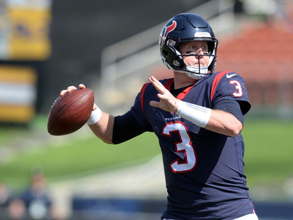 August 25, 2018; Los Angeles, CA, USA; Houston Texans quarterback Brandon Weeden (3) throws against the Los Angeles Rams during the second half at Los Angeles Memorial Coliseum.