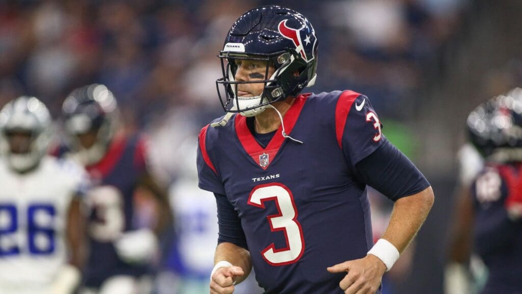 Aug 30, 2018; Houston, TX, USA; Houston Texans quarterback Brandon Weeden (3) jogs off the field during the game against the Dallas Cowboys at NRG Stadium