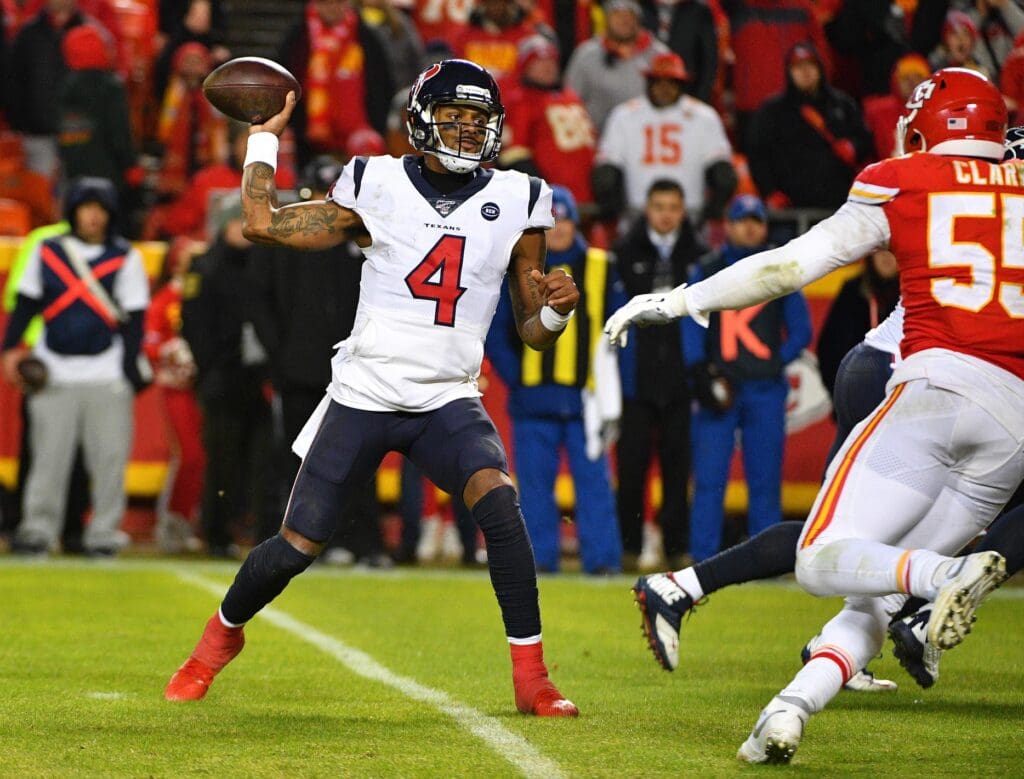 Jan 12, 2020; Kansas City, Missouri, USA; Houston Texans quarterback Deshaun Watson (4) throws a pass during the AFC Divisional Round playoff football game against the Kansas City Chiefs at Arrowhead Stadium.