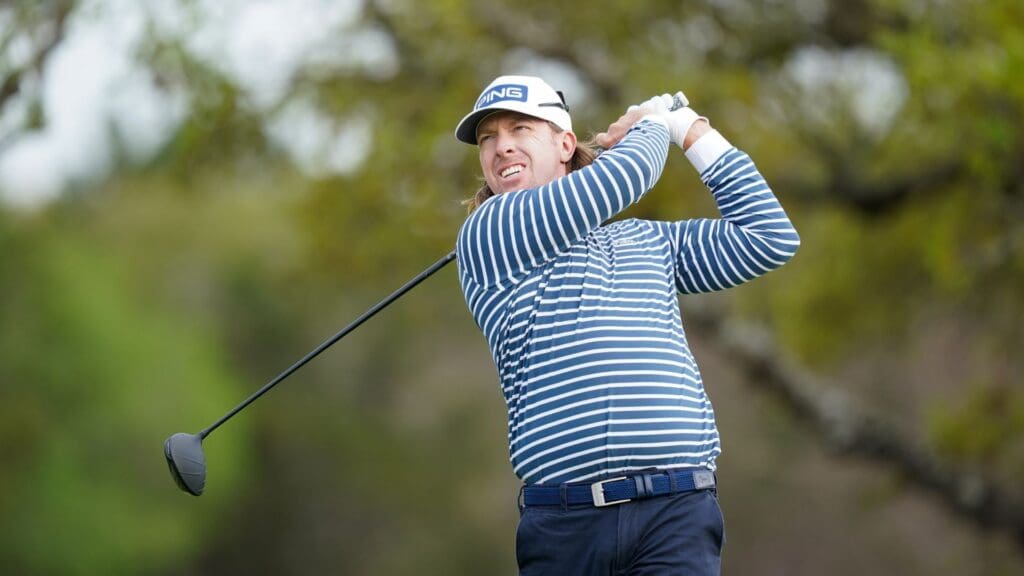 pr 2, 2021; San Antonio, Texas, USA; Hunter Mahan watches his drive on hole 2 during the second round of the Valero Texas Open golf tournament.