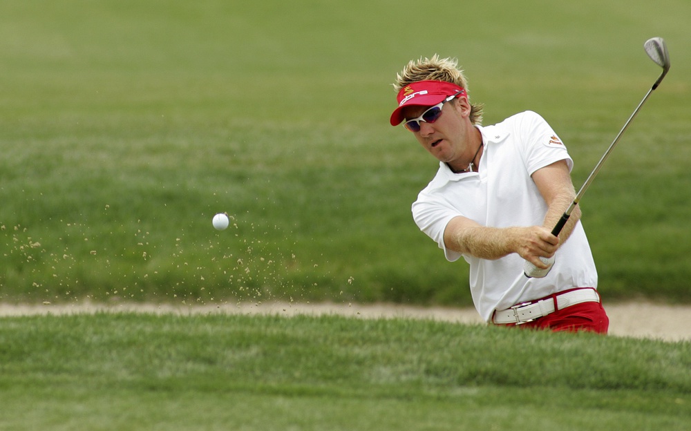 April 28, 2006; New Orleans, LA, USA; Ian Poulter, of England, blasts out of the sand onto the 16th green during the second round of PGA golf in the Zurich Classic of New Orleans at English Turn Golf and Country Club Thursday, April 28, 2006. Poulter shot a 4 under par 68 and is 9 under for the tournament.