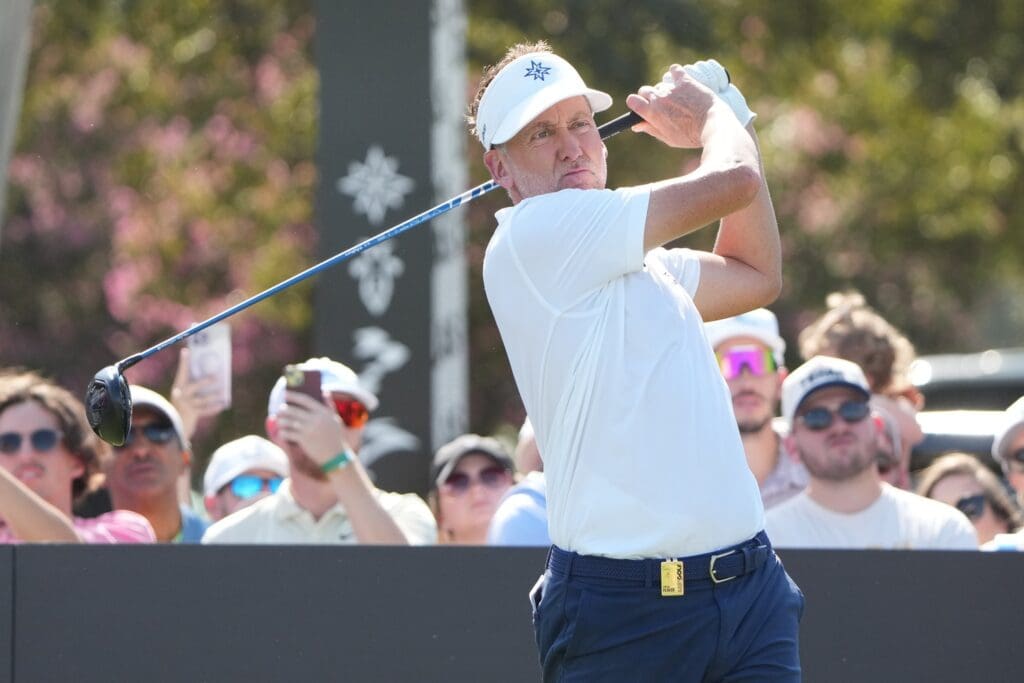 Sep 22, 2024; Carrolton, Texas, USA; Ian Poulter plays his shot from the tenth tee during the LIV Golf Dallas Team Championship Finals at Maridoe Golf Club.