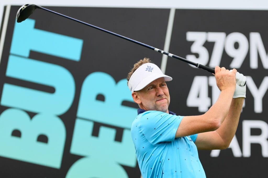 Apr 4, 2024; Miami, Florida, USA; Ian Poulter plays his shot from the fifth tee during the LIV Golf Miami ProAm at Trump National Doral.