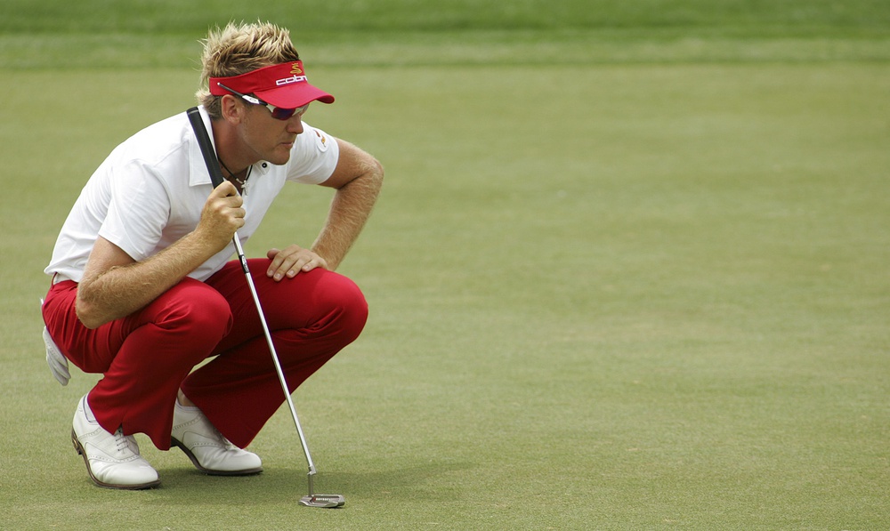 Ian Poulter, of England, lines up his putt on the 16th green during the second round of PGA golf in the Zurich Classic of New Orleans at English Turn Golf and Country Club Thursday, April 28, 2006.