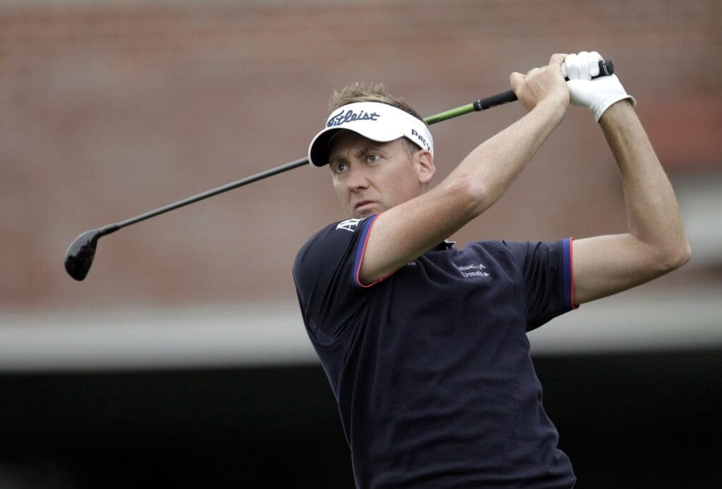 May 21, 2015; Fort Worth, TX, USA; Ian Poulter tees off during the first round of the Crowne Plaza Invitational at Colonial Country Club.