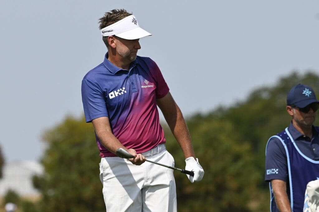 Sep 15, 2024; Bolingbrook, Illinois, USA; Ian Poulter of the Majesticks GC on hole one during the final round of the LIV Golf Chicago tournament at Bolingbrook Golf Club.
