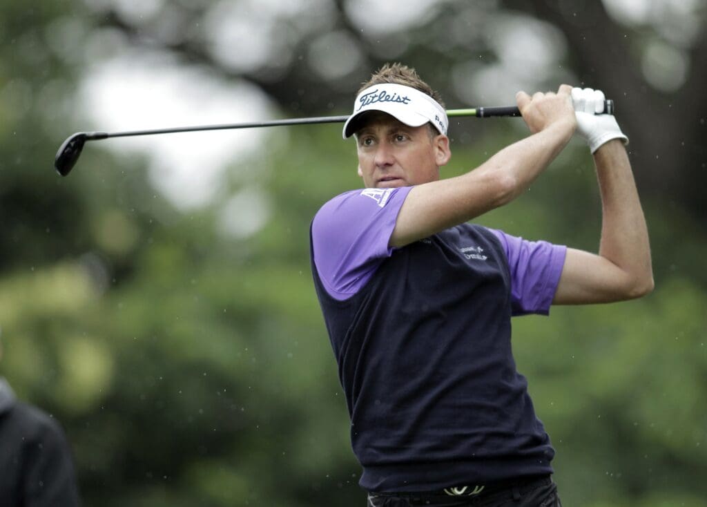May 22, 2015; Fort Worth, TX, USA; Ian Poulter tees off during the second round of the Crowne Plaza Invitational at Colonial Country Club.