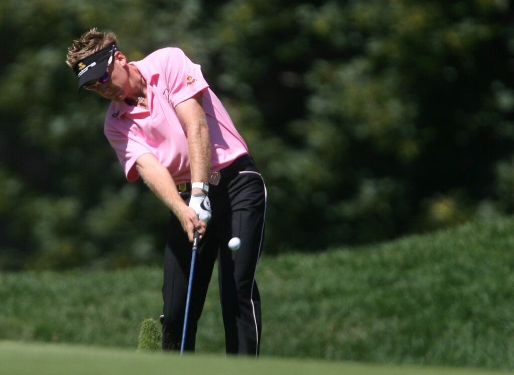 Aug 20, 2005; Medinah, IL, USA; Ian Poulter hits his approach shot on the 1st hole during the final round of the PGA Championship at Medinah Country Club in Medinah, IL.
