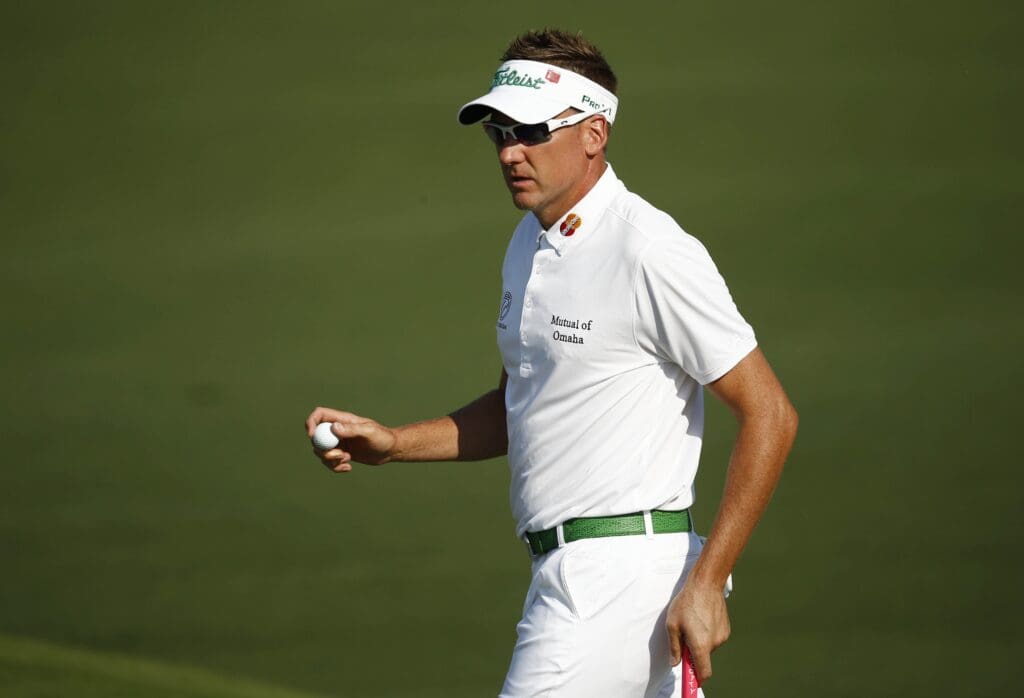 Apr 9, 2015; Augusta, GA, USA; Ian Poulter after making a birdie on the 2nd hole during the first round of The Masters golf tournament at Augusta National Golf Club.